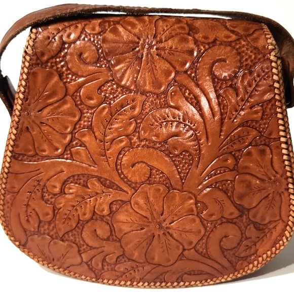 Vintage 50's Artisan Beautiful Hand Tooled Leather Handbag Purse - Picture 12 of 13